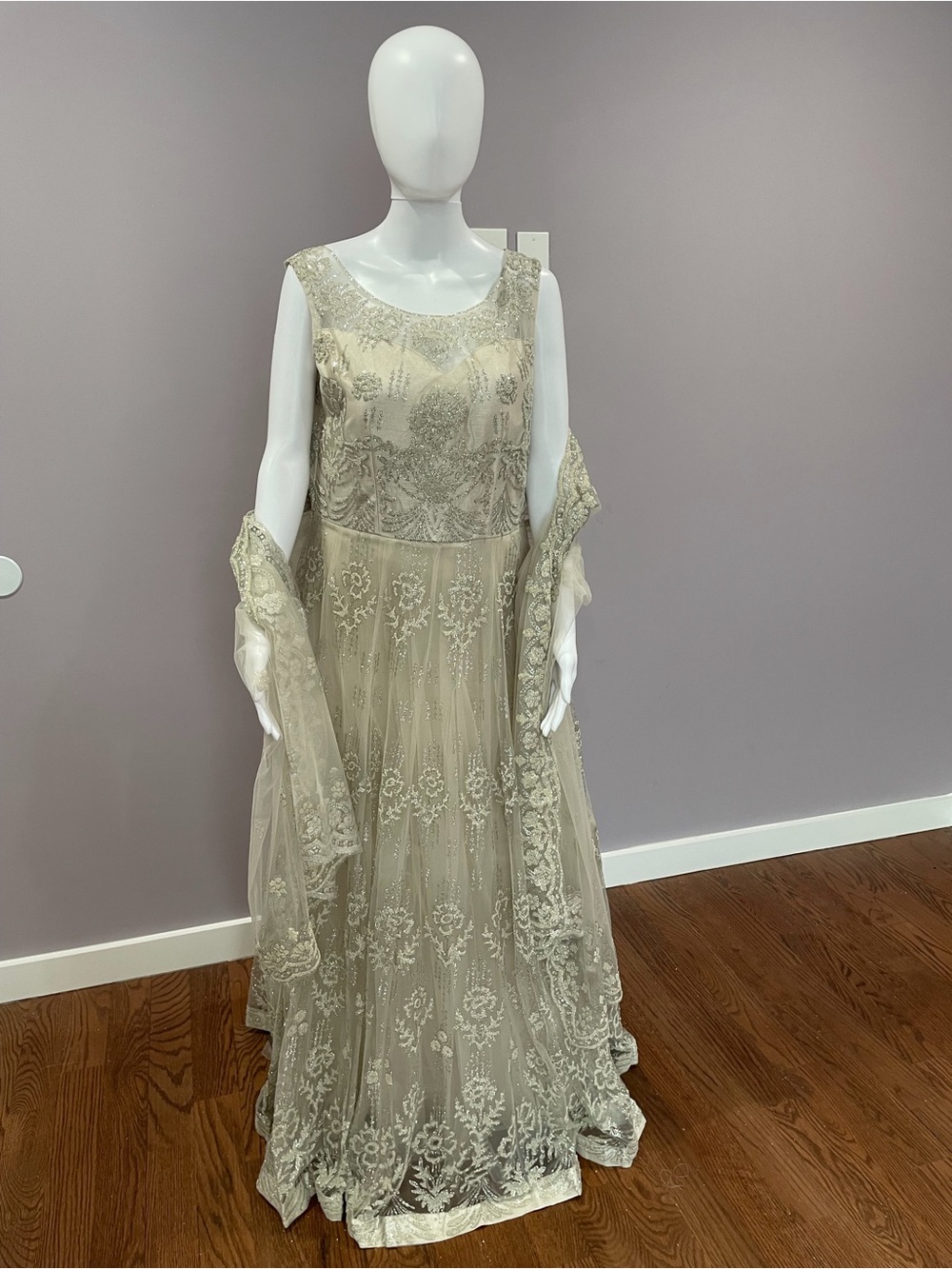 Elegant Cream Beaded Sleeveless Evening Dress with Matching Shawl